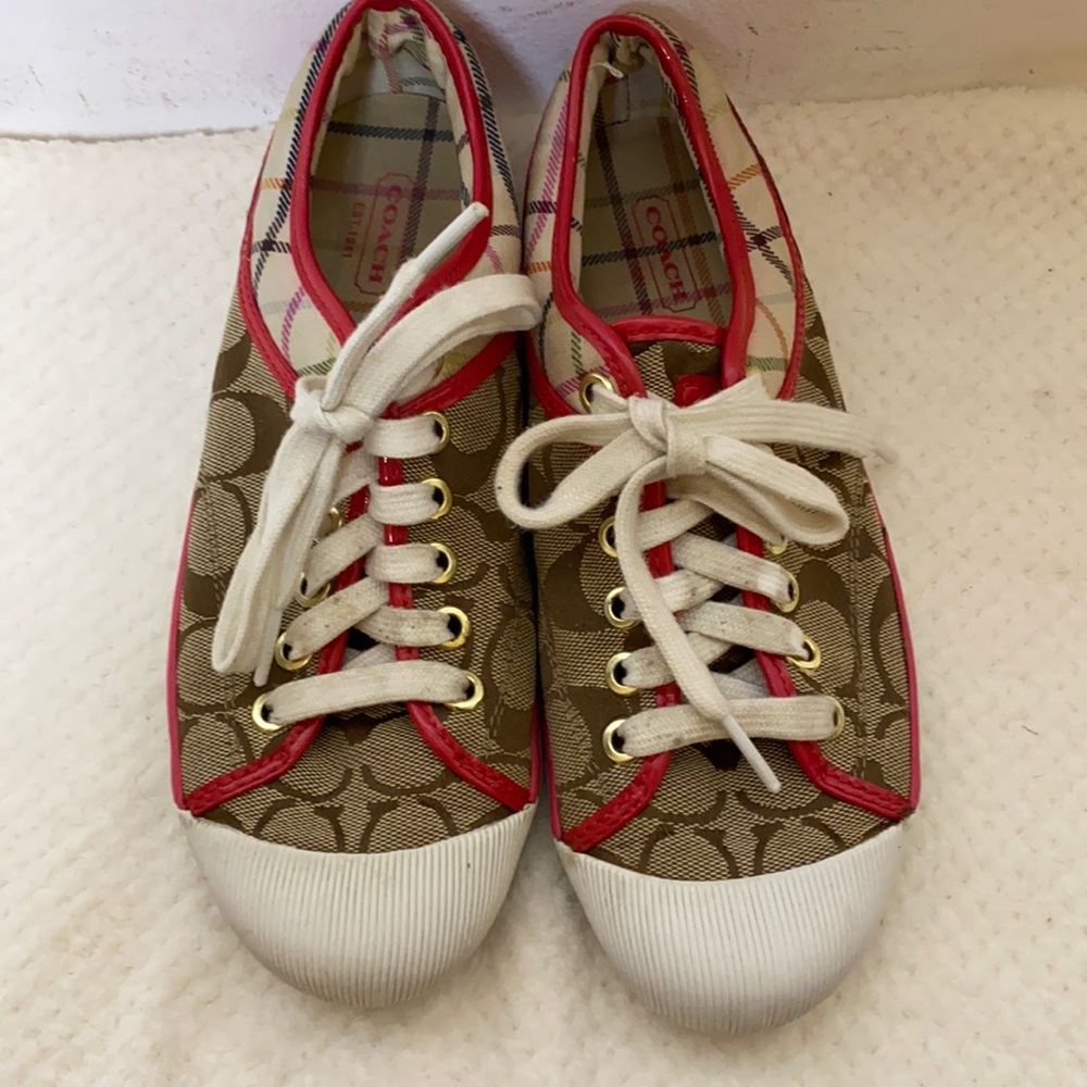 Rare Coach Zorra Brown & Hot Pink Plaid Signature Print Lace Up Sneakers 6.5 B